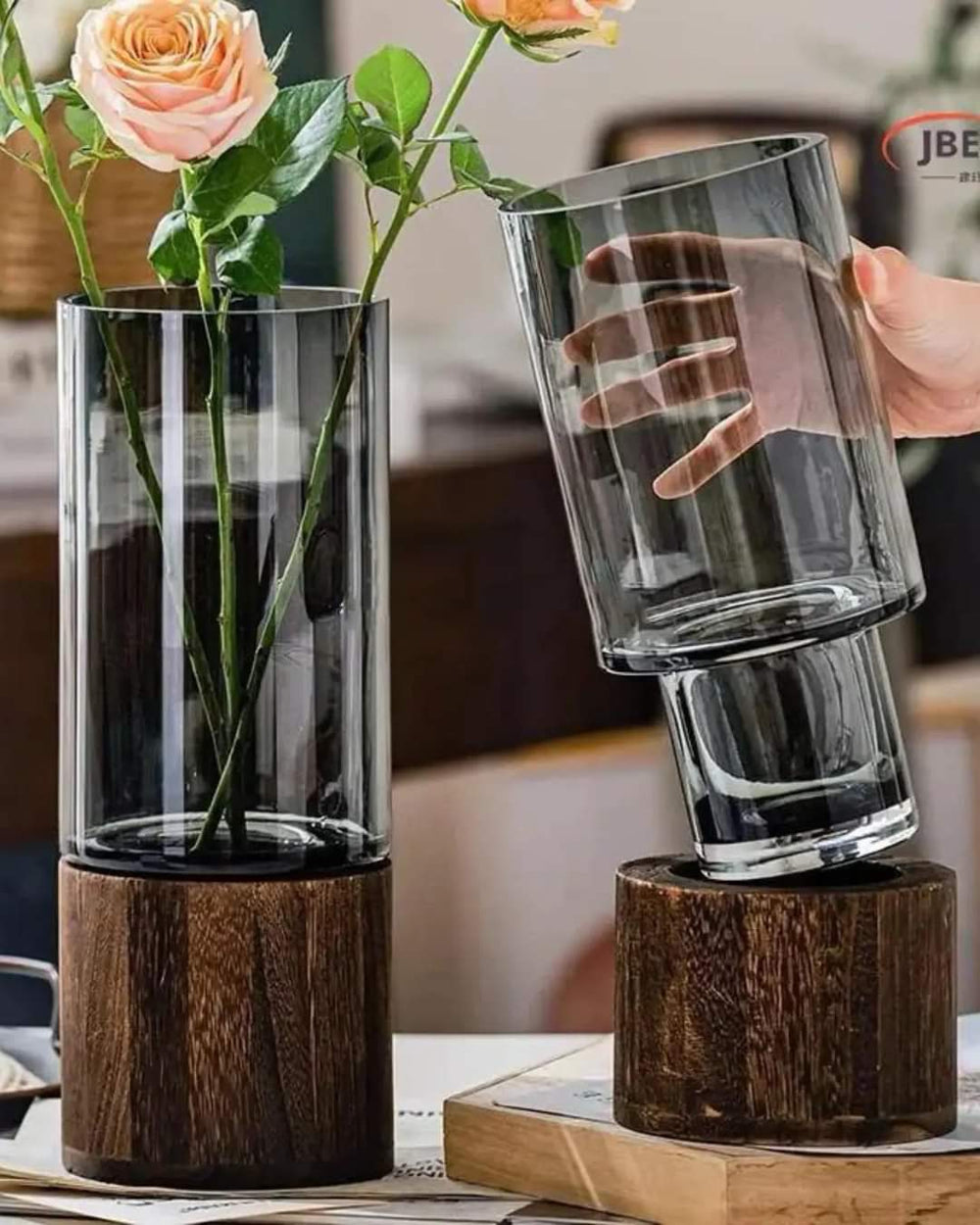 Glass Vase with Wooden Base